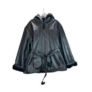 Wilsons Leather Hooded Coat XL Black Faux Fur Lined Belted Jacket